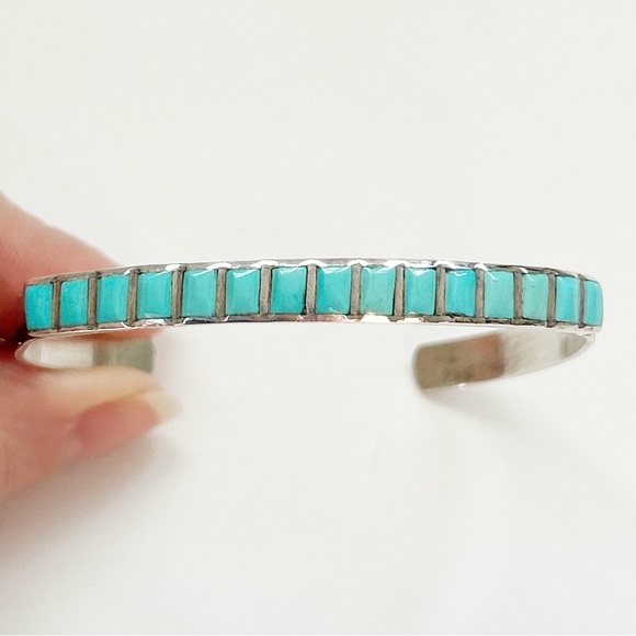 Vintage Southwestern Turquoise Inlay Sterling Silver Cuff Bracelet